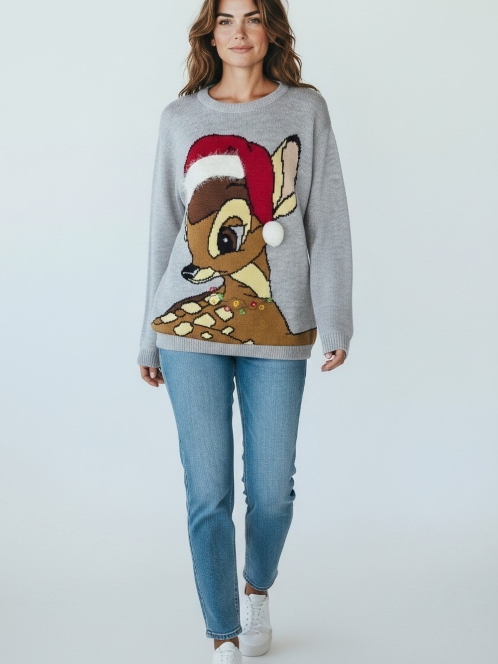Disney Bambi Christmas Sweater Women’s Small Gray Santa Hat Holiday Novelty